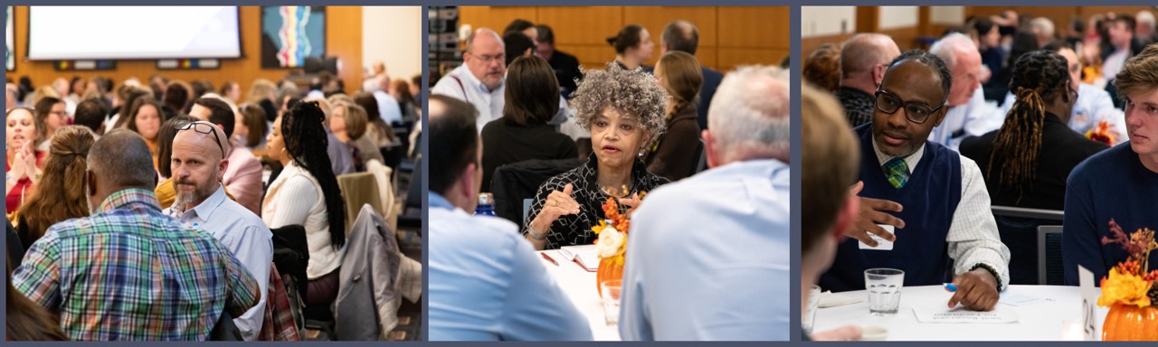 Three photos of symposium attendees engaging in civil discourse and conversation